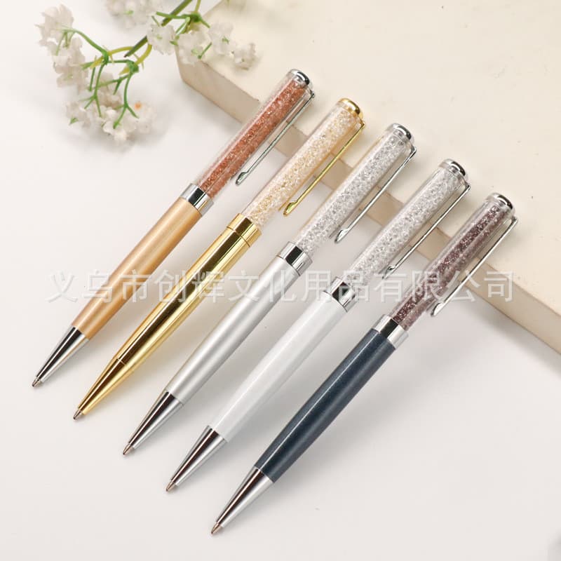 Caneta de Cristal com Topo Plano e Strass, Nova Caneta Esferográfica Rotativa, de Metal para Assinatura, Caneta P