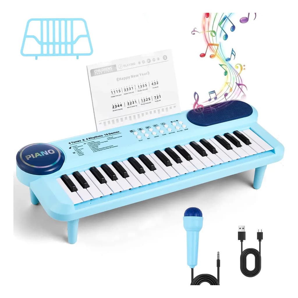 MoveBrinca Piano Infantil Musical 37 Teclas com Microfone Karaokê Gravação USB Ritmos Músicas de Demonstração Azul