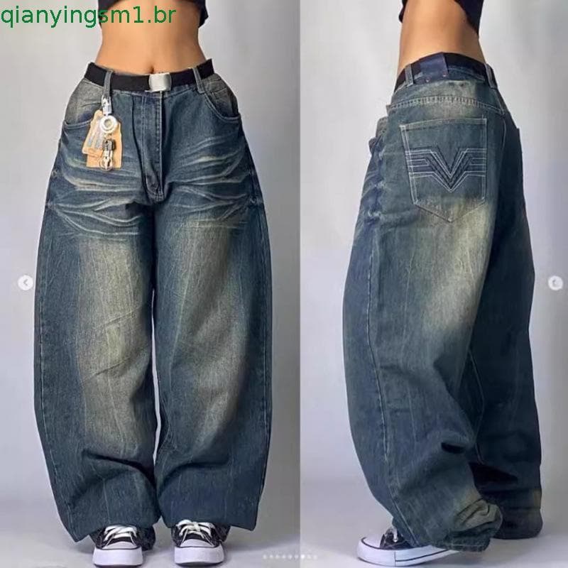 Calças Jeans Baggy de Cintura Alta Vintage com Estampa Clássica 'Death' e Perna Larga para Mulheres, Estilo Coreano Y2K