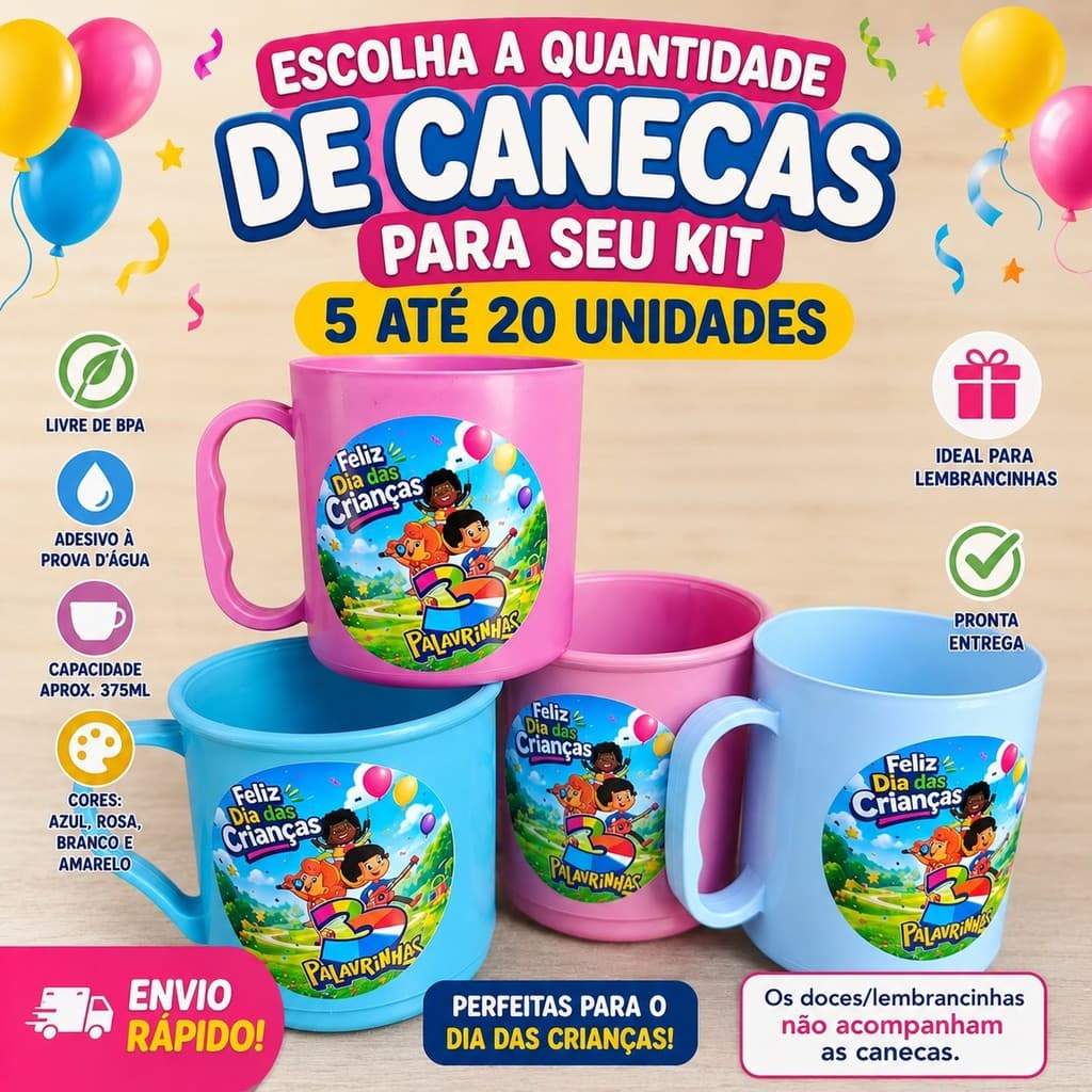 Kit Canecas Dia das Crianças 3 Palavrinhas 375ml Personalizada 5 a 20 Unidades Lembrancinha Infantil Escola Igreja