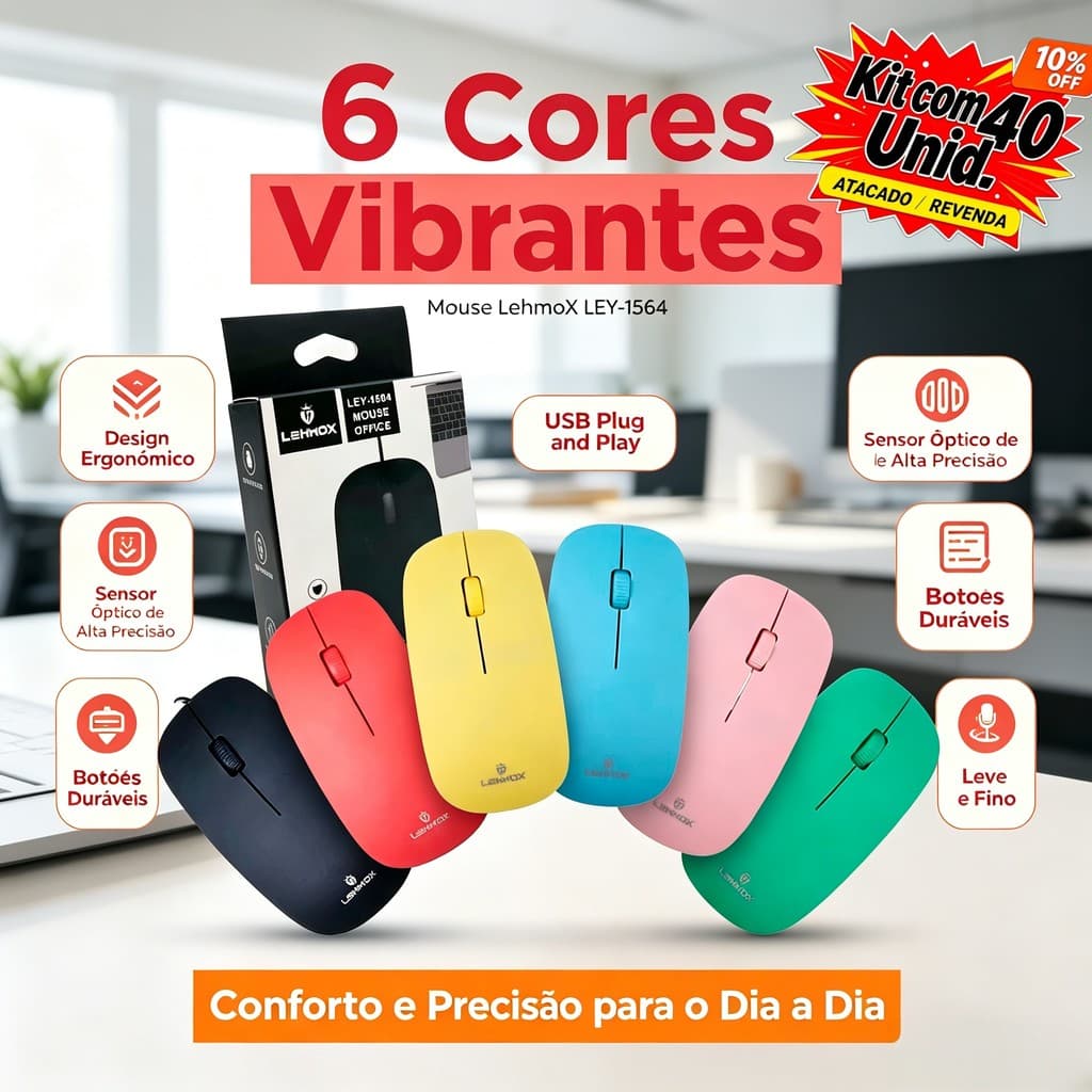Kit 20 Mouse com Fio USB Ergonômico | Óptico Plug & Play | Office Home Office Escola Atacado Revenda