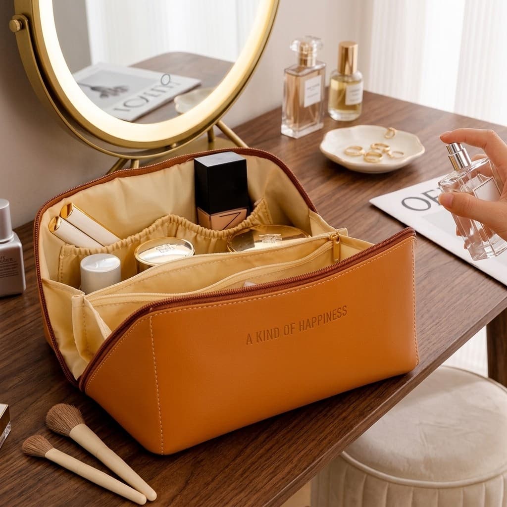 Bolsa Necessaire De Couro Impermeável Para Maquiagem E Cosméticos Maleta Feminina Portátil De Luxo