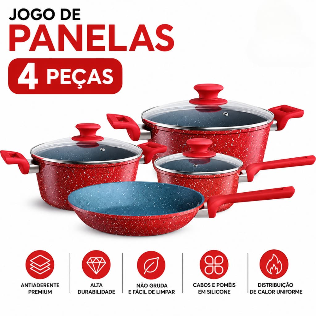 Conjunto De Panelas ColorStone Volcano 4 Peças Antiaderente Indução Gás Com Tampa De Vidro Euro Home
