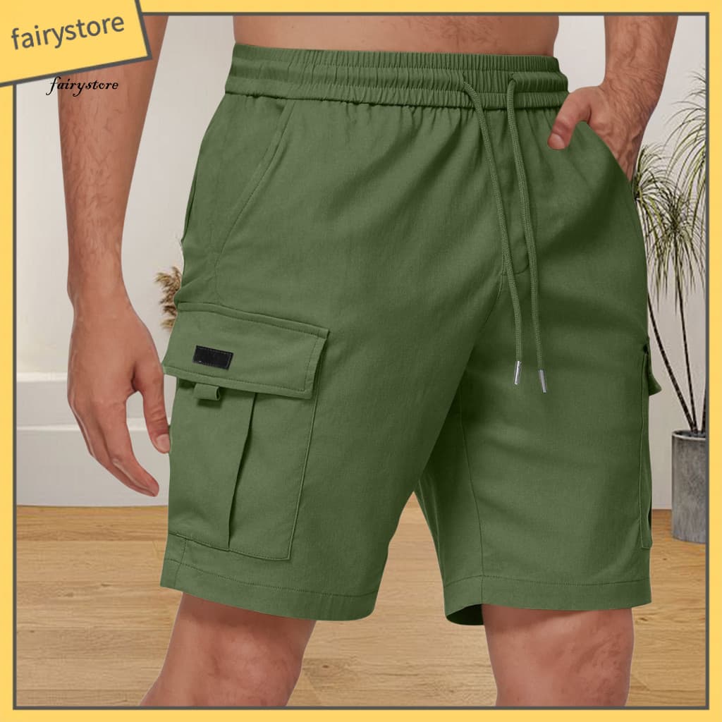 Lightweight Shorts Casual Men Men's Mid-rise Elastic Waist with Drawstring 4 Side Pockets Reinforced Stitching Loose Fit