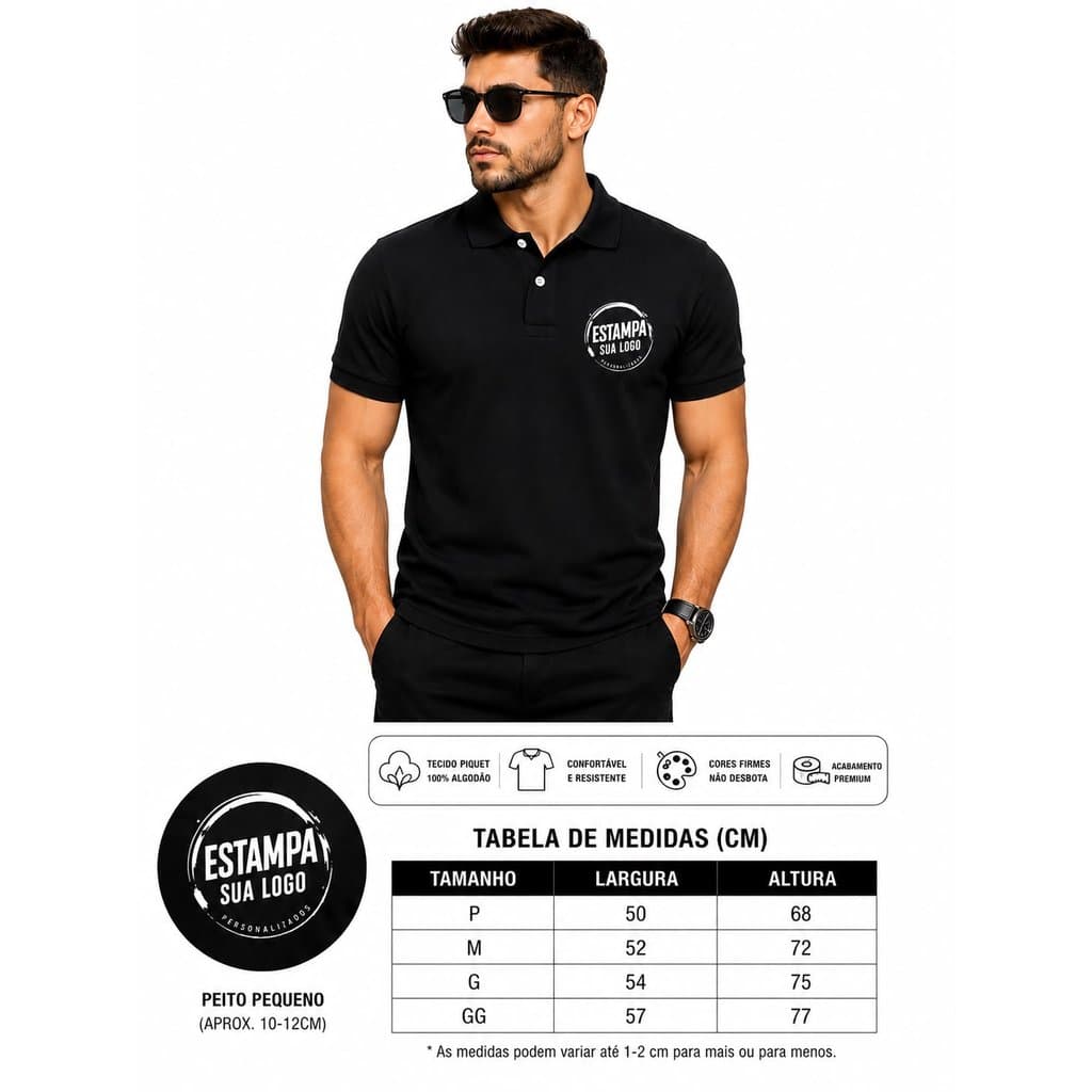 Camisa Gola Polo Casual Masculina Personalizado Sua Logo Foto ou Imagem Aqui Malha Piquet