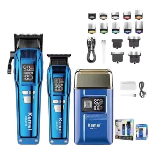 Kit Kemei KM2797 KM1112 Máquina Corte Shaver Profissional Barbeiro Barbearia Completo Original