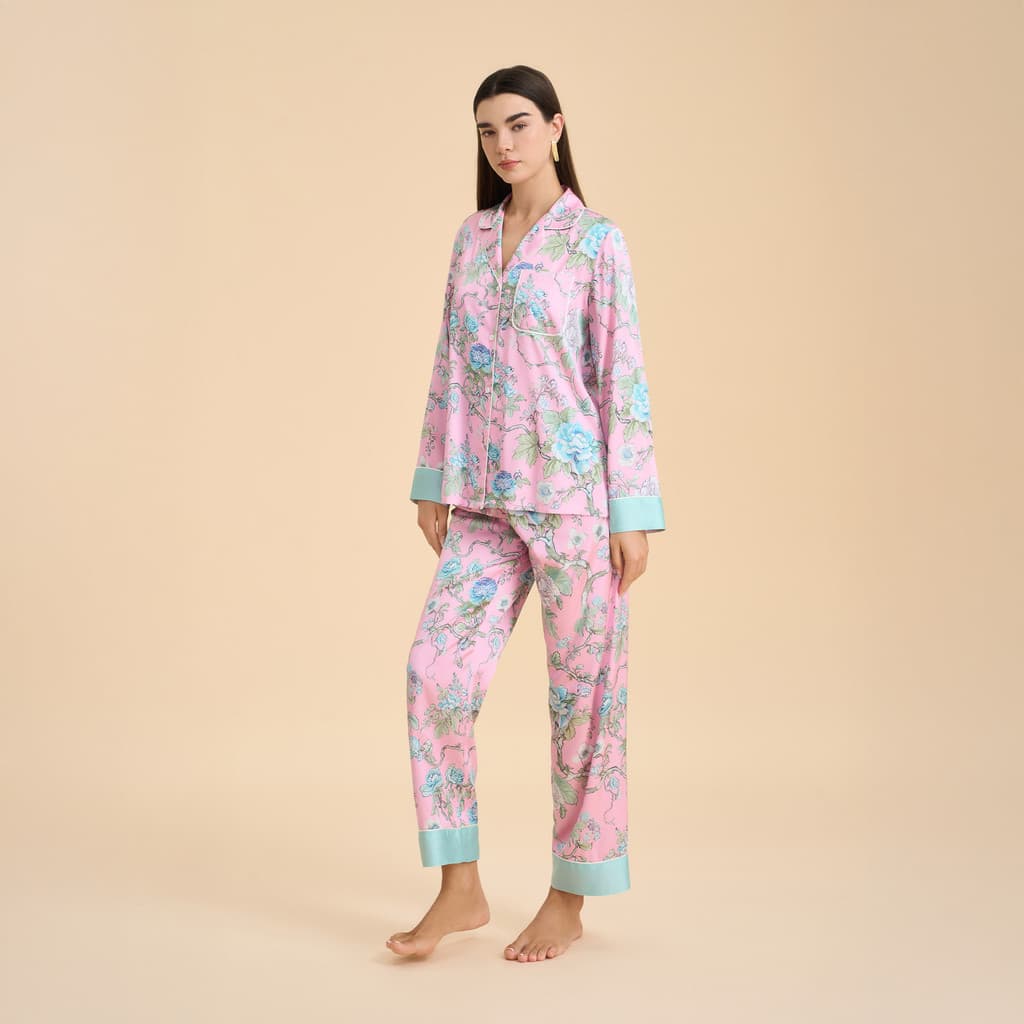 Pijamas florais femininos primavera outono calças de manga comprida terno lapela fina Casual confortável Homewear TZ4001