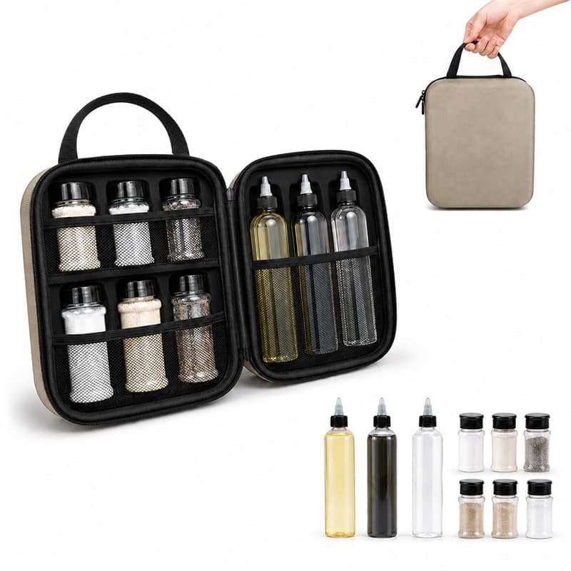 Kit Porta Temperos para Camping com Frascos PET Garrafas para Óleo e Bolsa Organizadora Portátil