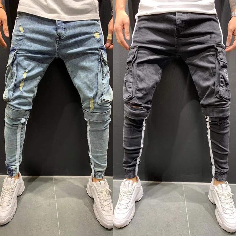 Calça Jeans masculina elástica na moda com zíper rasgado no joelho