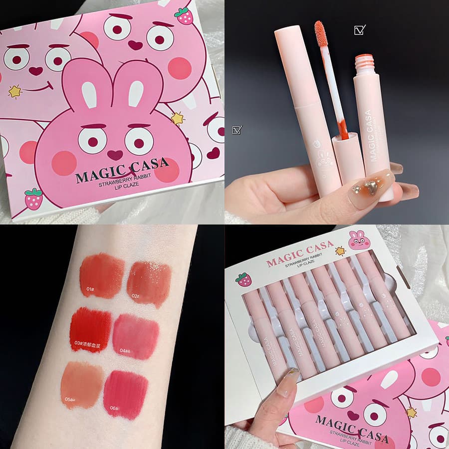 Conjunto de Seis Peças de Brilho Labial Strawberry Rabbit, Acabamento Espelhado com Efeito Brilhante e de Longa Duração
