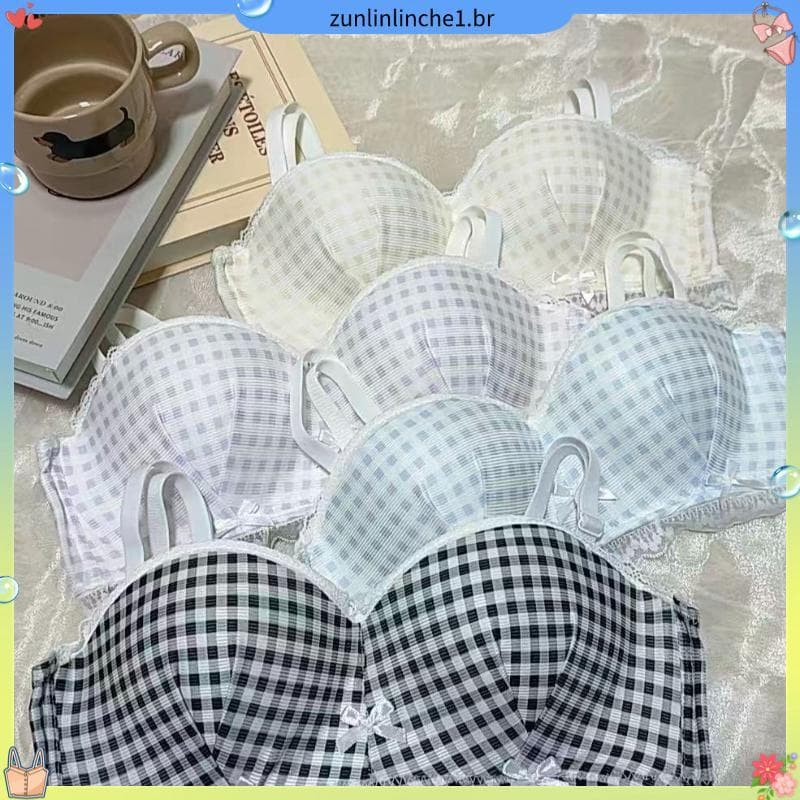 Japonês verificado Bowknot roupa interior feminina alças de ombro sem fio renda destacável mais magro olhar sutiã