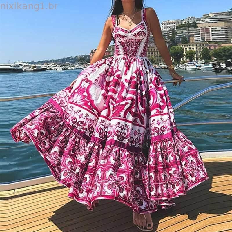 Novo Vestido longo modelo de temperamento feminino elegante estampado sem mangas plissado verão boho festa praia (25058)