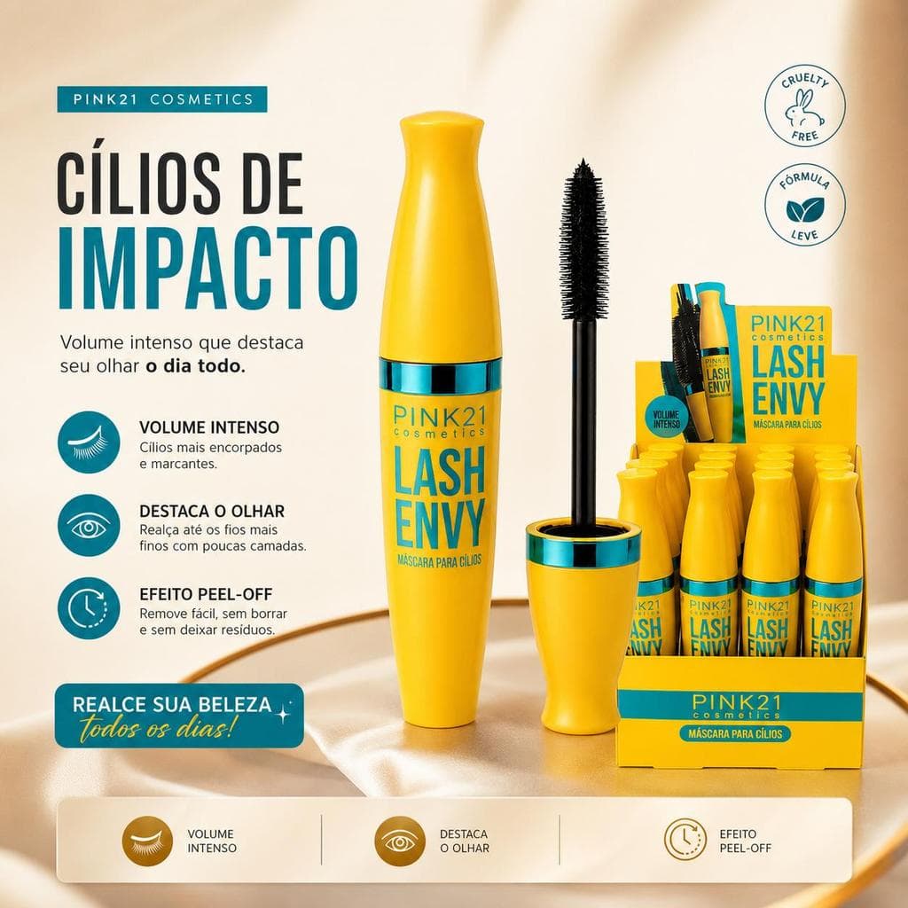 PINK21 Lash Envy Máscara para Cílios Amarela com Aplicador Preto para Cílios mais Longos e Definidos