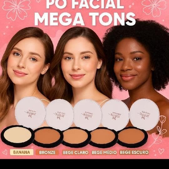 Pó Facial Compacto Vegano Mega Tons Bege Médio Textura Fina Aveludada Alta Fixação para Pele Sequinha e Uniforme