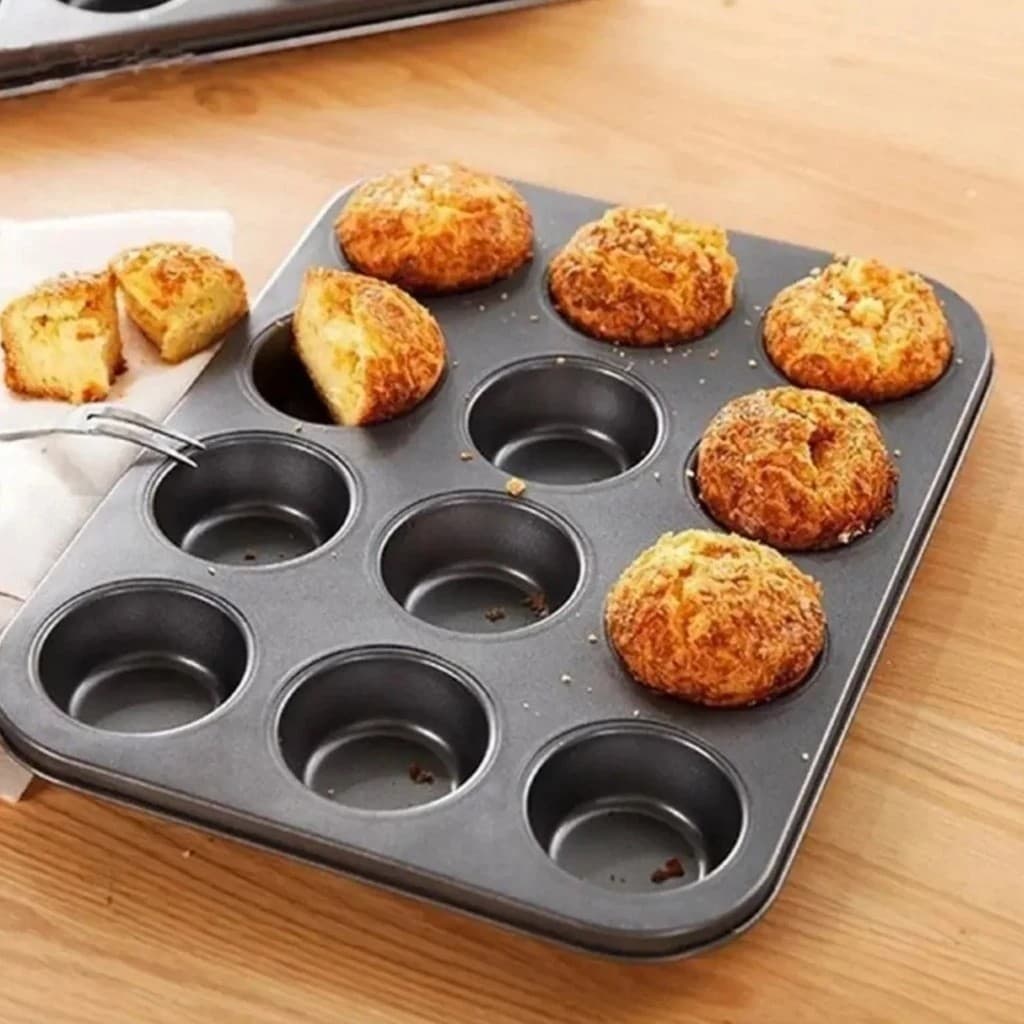 Forma Cupcake 12 Cavidades Aço Carbono Antiaderente Assadeira Pão Queijo Muffin Forno Confeitaria