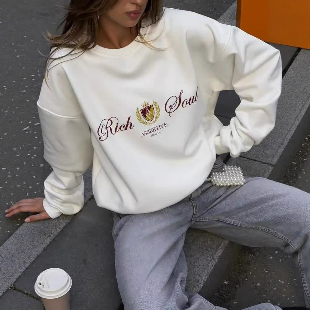 2026 Outono/Inverno: Moletom Quente e Espesso com Forro de Lã, Gola Redonda, Estampado, Versátil, Elegante e Moderno