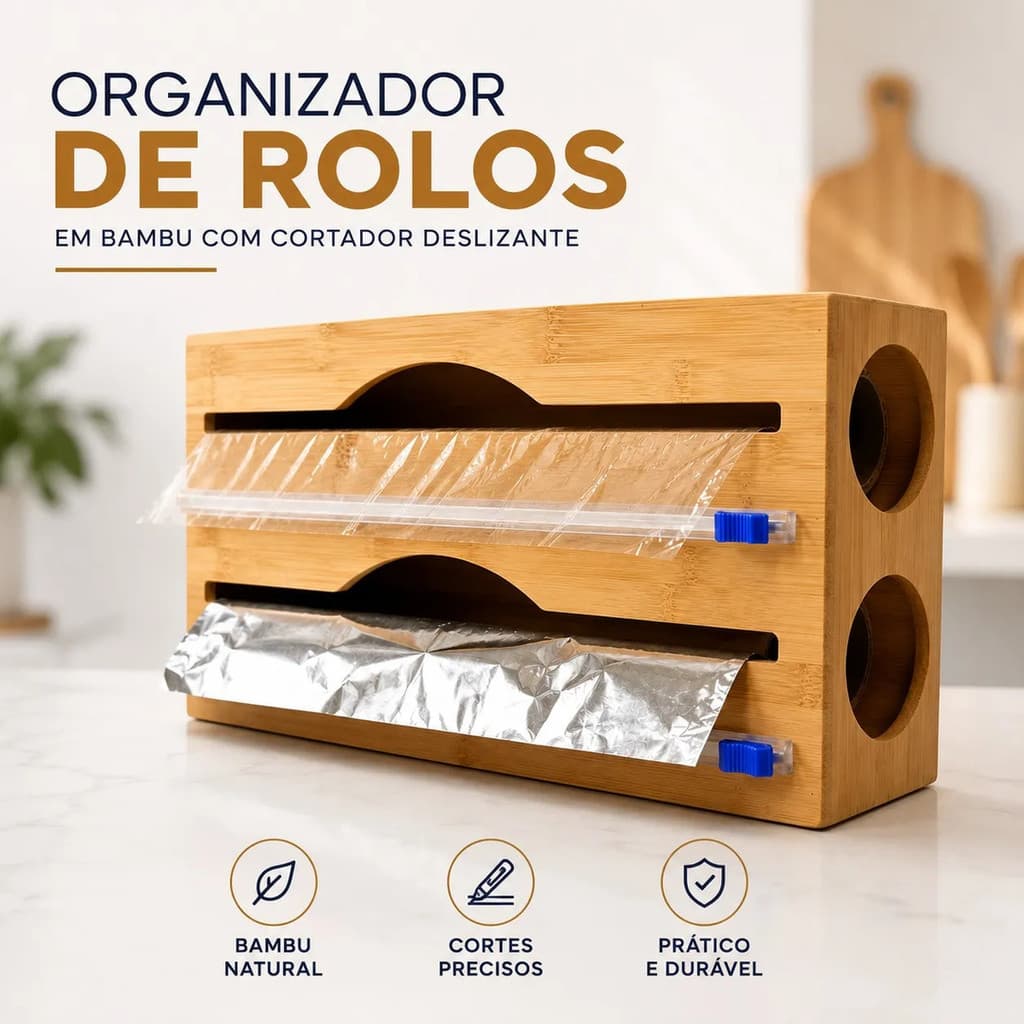 Organizador Porta Rolo Bambu Alumínio Filme Madeira Cozinha