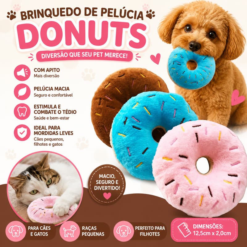 Brinquedo Pet Donuts de Pelúcia para Cachorros e Gatos | Mordedor com Apito para Filhotes e Pequeno Porte