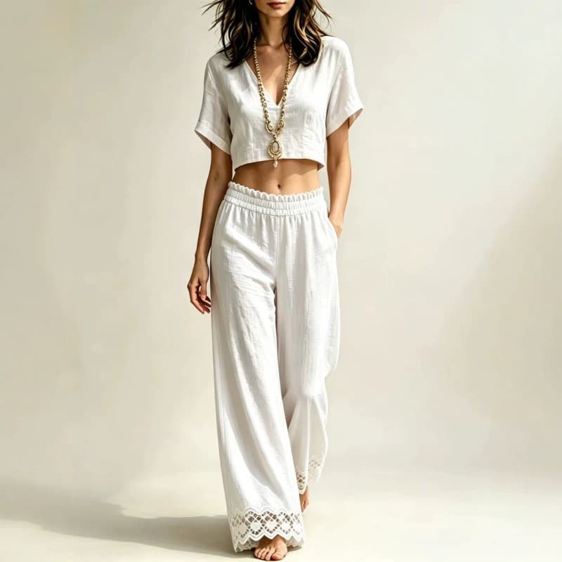 Algodão Linho 2 Peças Roupa Feminina Com Decote Em V Colheita Superior Renda Guarnição Perna Larga Calças Conjunto Casua