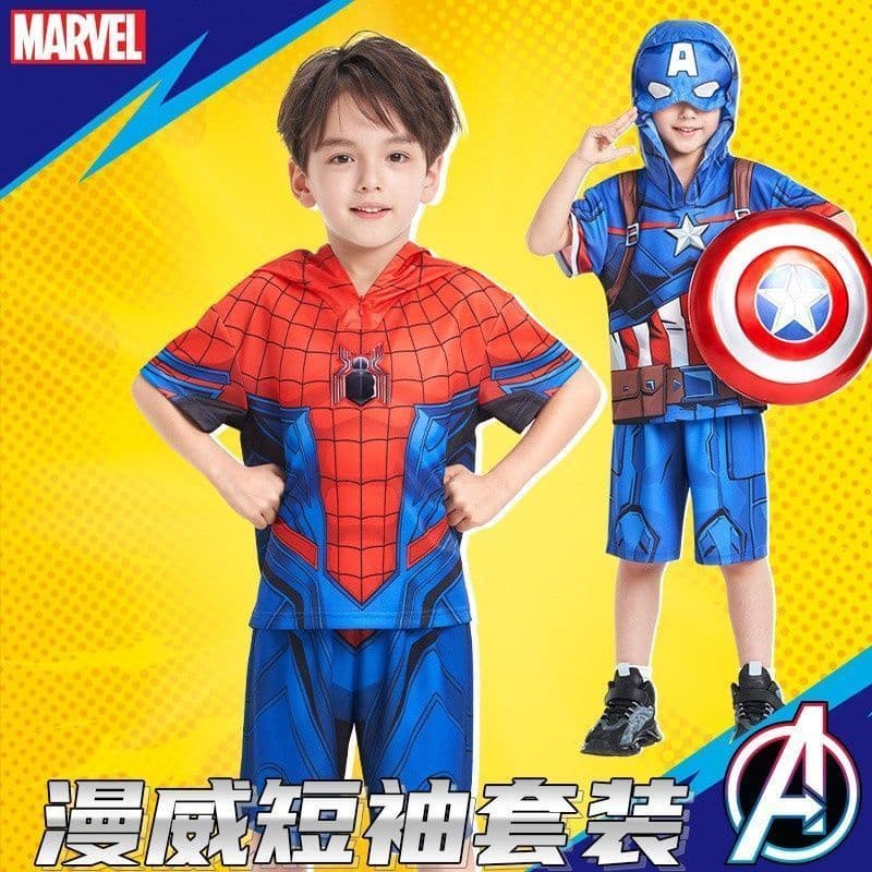 [Marvel] Genuíno Homem-Aranha Roupas de Verão Meninos Com Capuz Camiseta de Manga Curta Terno Capitão América Roupas Cri