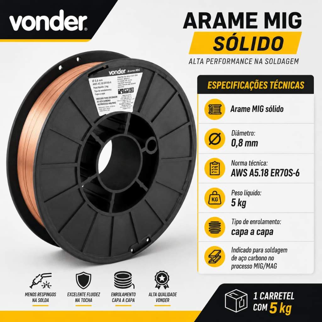 Arame Solda Mig 0.8mm Carretel Com 5kg Uso Com Gás Vonder