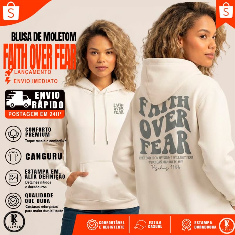 Blusa De Moletom Faith Over fear  Flanelado Blusa de Frio Unissex  Blusa de Frio com Bolso e Capuz Diversas cores