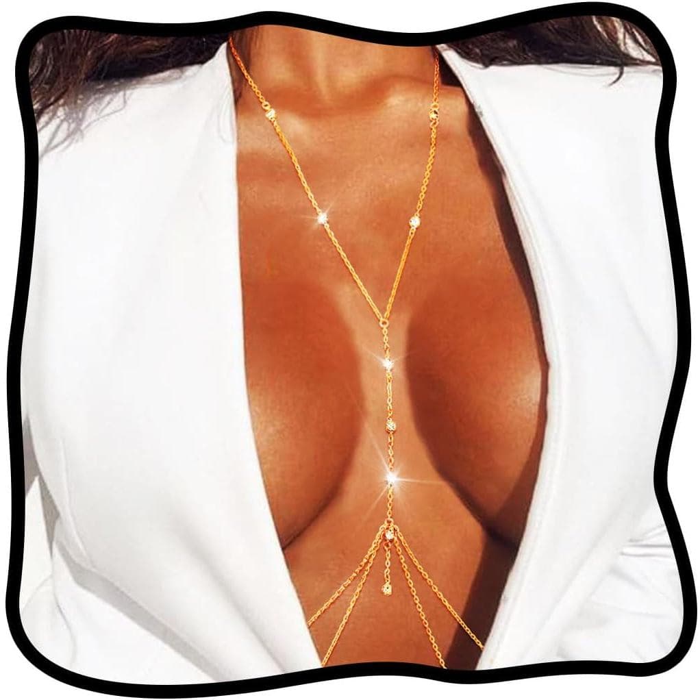 Urieo Corrente de Sutiã com Strass Brilhantes, Corrente de Peito em Camadas de Cristal Dourado, Colares Sensuais com Dia