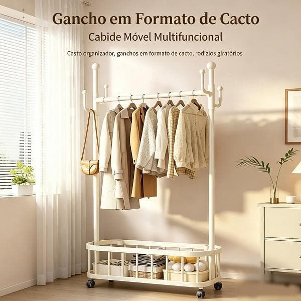 Suporte Arara Cabide de Chão MóvelcomRodinhas,Ganchos Extras eCestaOrganizadoraparaRoupasBolsasAcessóriosDecoraçãoQuarto