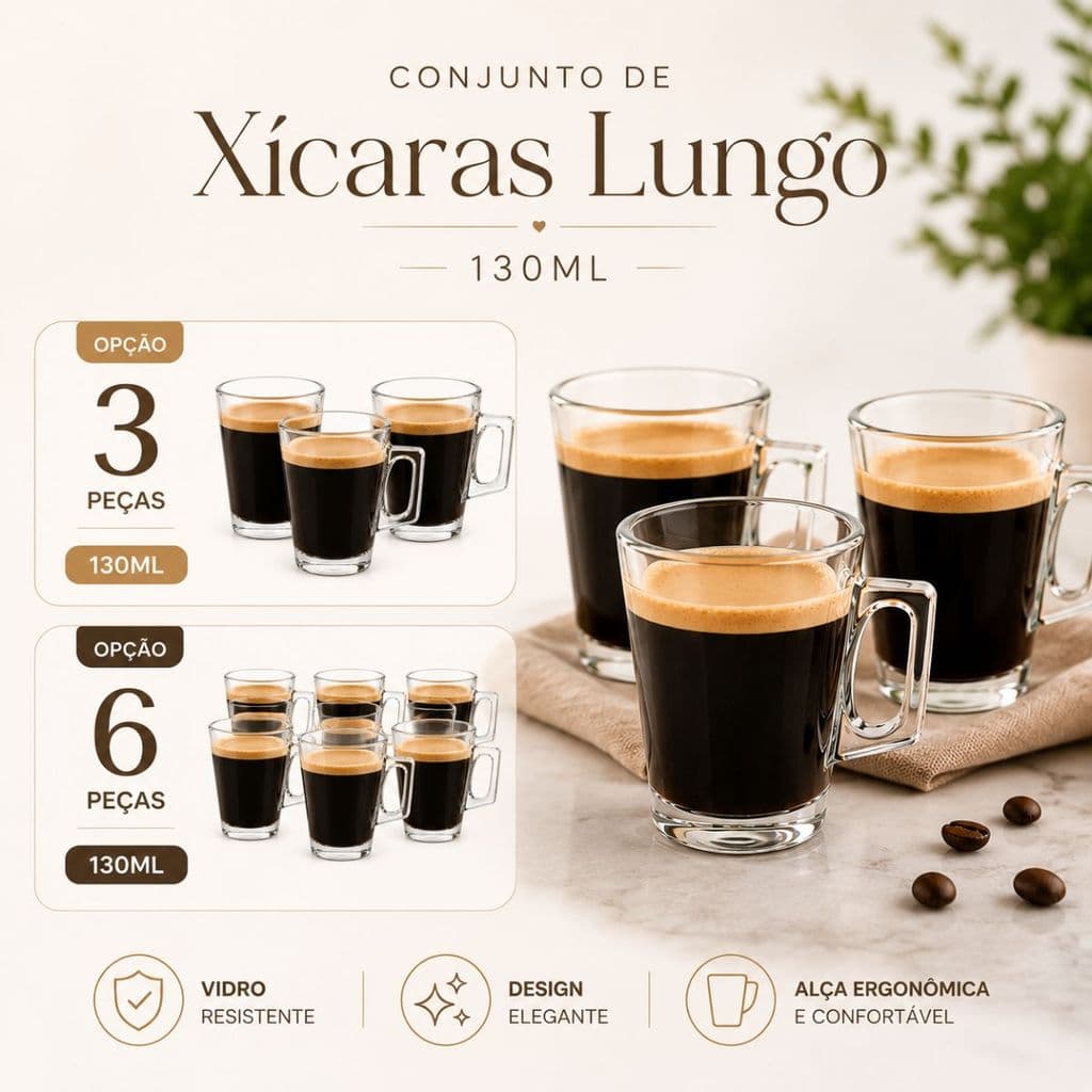 Conjunto de Xicaras Lungo 3 ou 6 Peças 130ml Cappuccino Cafe Latte