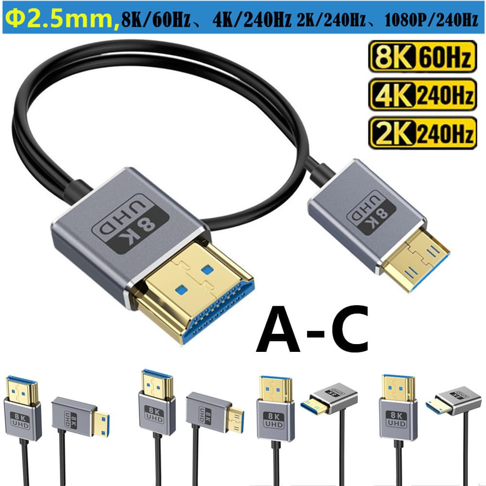 Cabo Coaxial Mini HDMI para HDMI 2.1 | 8K a 60 Hz | Cotovelo de 90 graus | 2.5mm Ultrafino | Estabilizador de câmera/gai