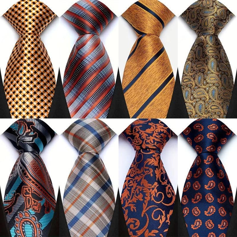 Novo estilo gravata masculina 8cm gravata clássica Jacquard tecido xadrez listras flor laranja marrom gravata Formal NKS