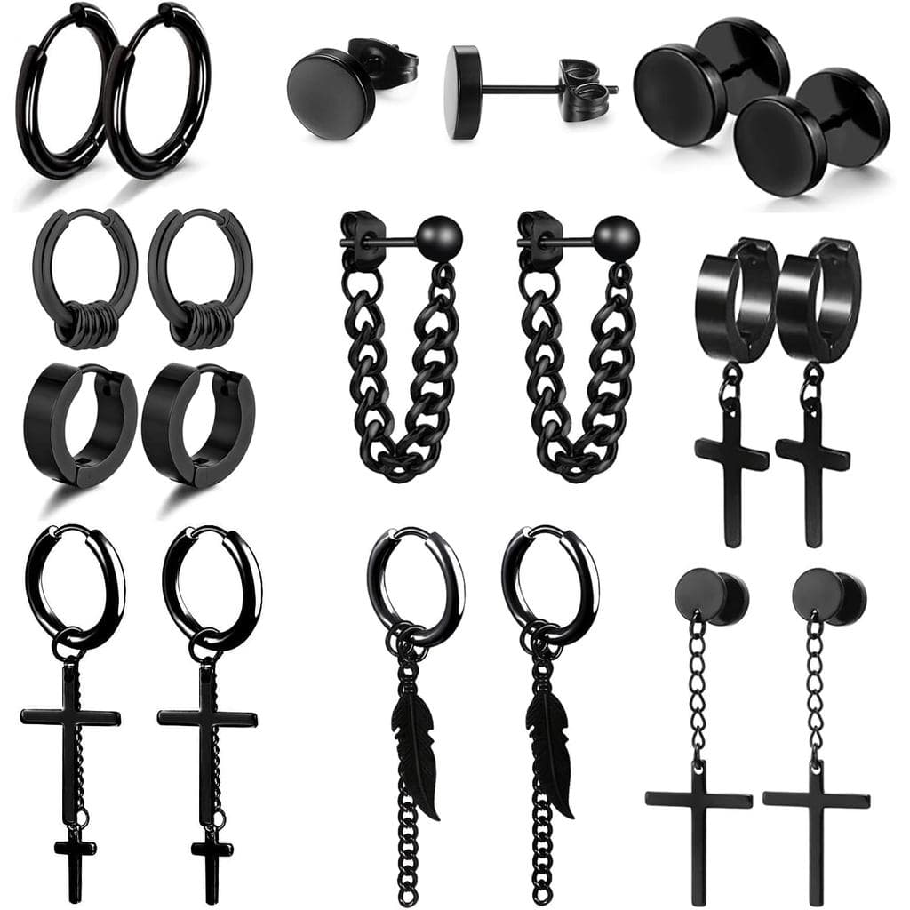 Brincos Pendentes em Forma de Cruz Preta, Conjunto de Brincos de Argola com Corrente Longa em Aço Inoxidável, Unissex
