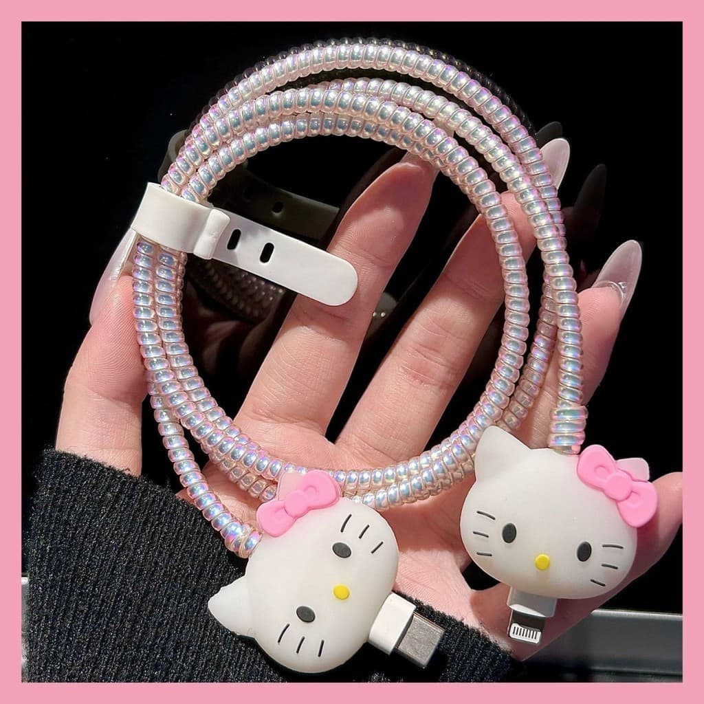 Hello Kitty 4 Pçs/set Capa De Proteção De Cabo De Dados De Desenho Animado Dupla Cabeça Pequena Bonito Anti Quebra Dispo