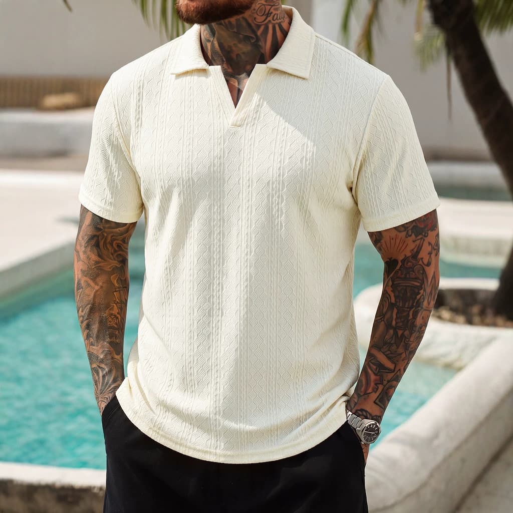 Camiseta masculina Jacquard Fashion tamanho grande lapela camisa Polo masculina de manga curta Casual para férias