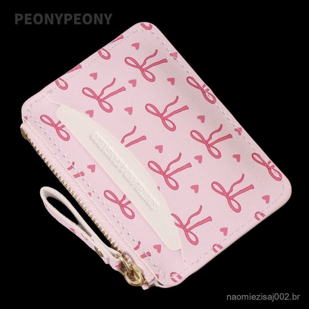 Carteira Com Zíper PEONY , Porta-Cartão De Crédito Fino E Espaçoso , Leve De PVC Laço Fofo Para Mulheres Meninas