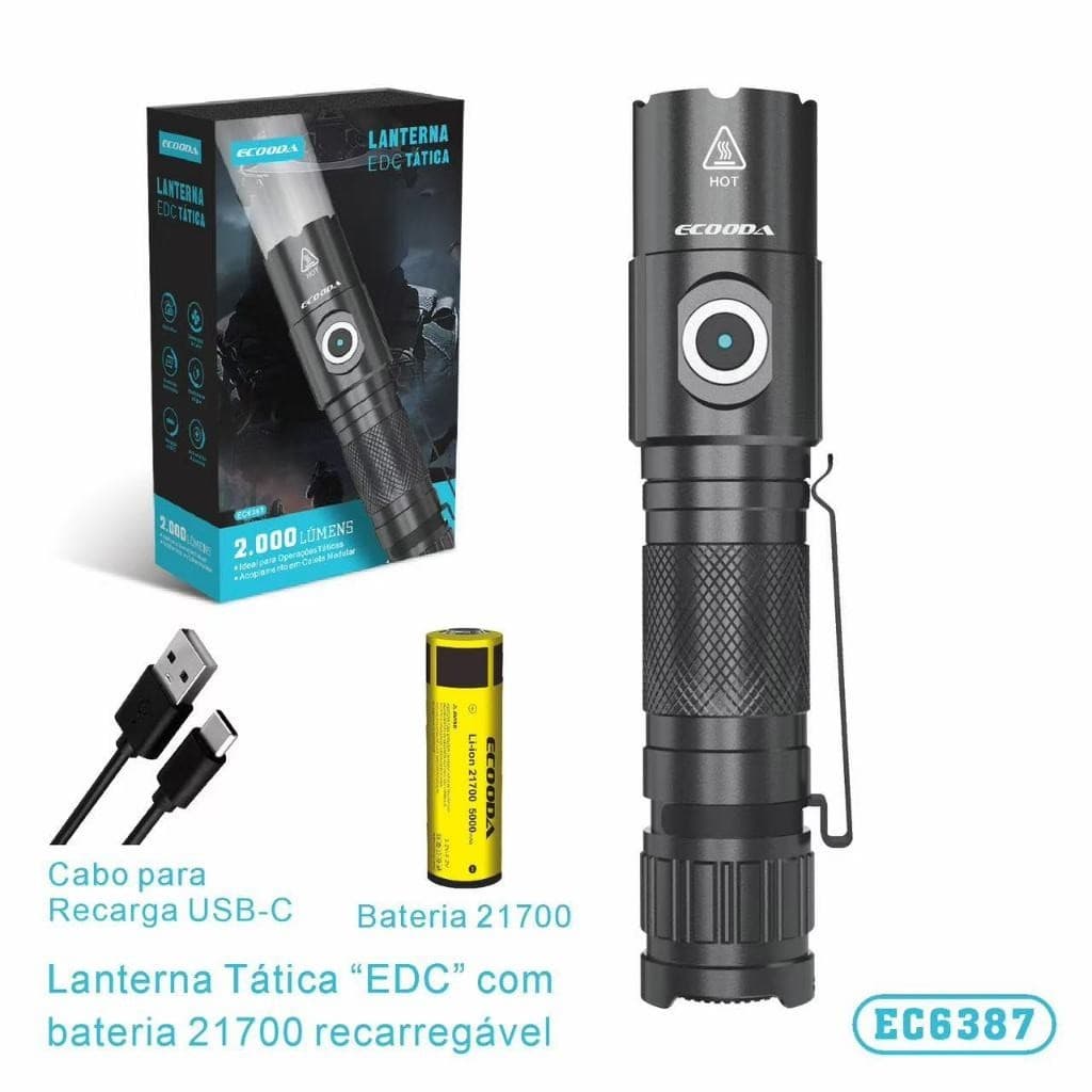 Lanterna LED Tática EDC EC6387 2000 Lúmens Com Porta Recarregável USBC Alimentada Por Bateria Única 21700
