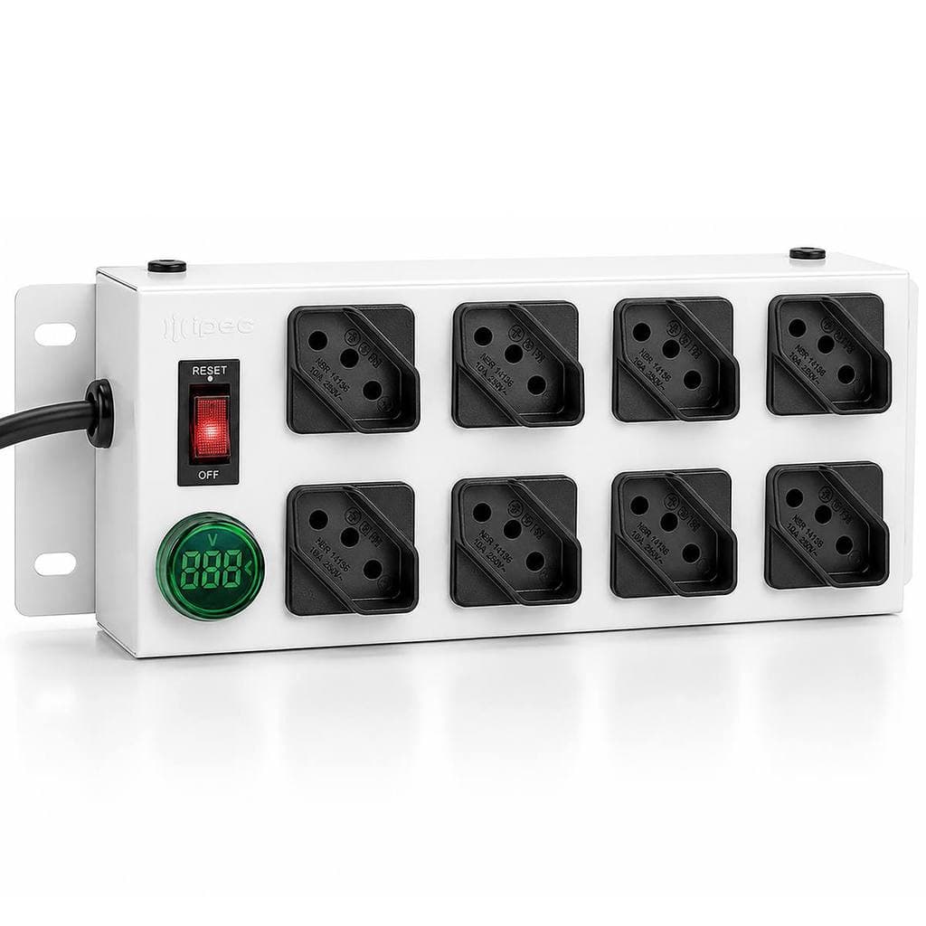 Filtro de Linha 8 Tomadas com Voltímetro Digital Branco NBR 14136 Bivolt Liga/Desliga Cabo 1,1m IPEC