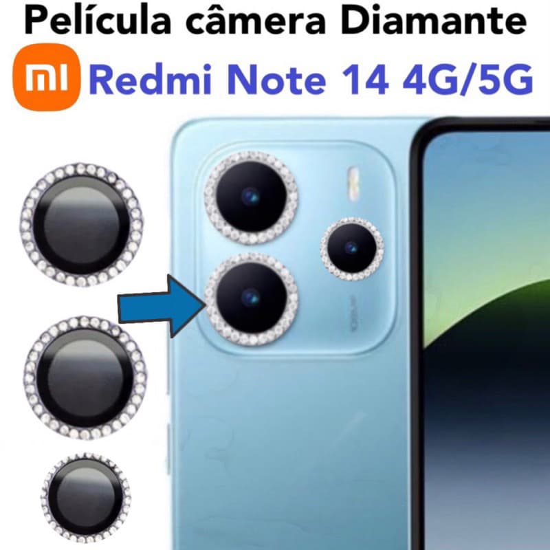 KIT completa (3 peças )Película de câmera Diamante Para Redmi Note 14 4G / 5G protege lentes com Strass Brilhante Brilho