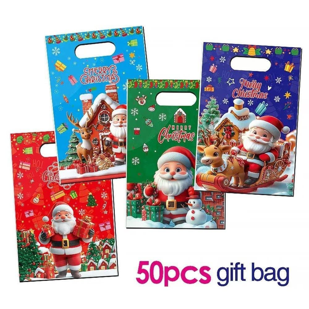 50 Sacolas de Presente de Natal com Alças - Sacolas Plásticas Fofas de Papai Noel para Doces e Biscoitos