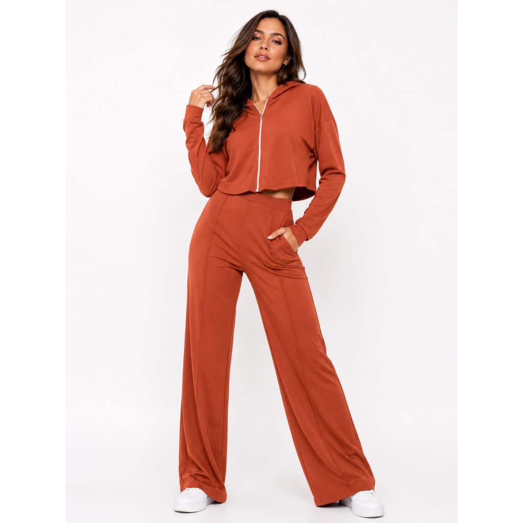 W26006 Conjunto Feminino Moletinho com Capuz e Calça Pantalona