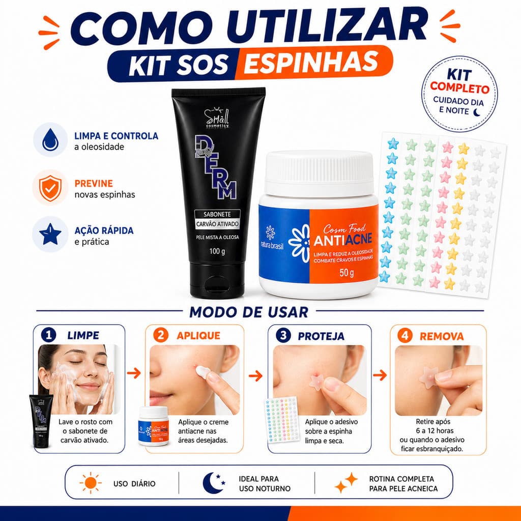 Kit Sabonete + Creme Antiacne + 40 Adesivos espinhas Skin Care completo para oleosidade e acnes