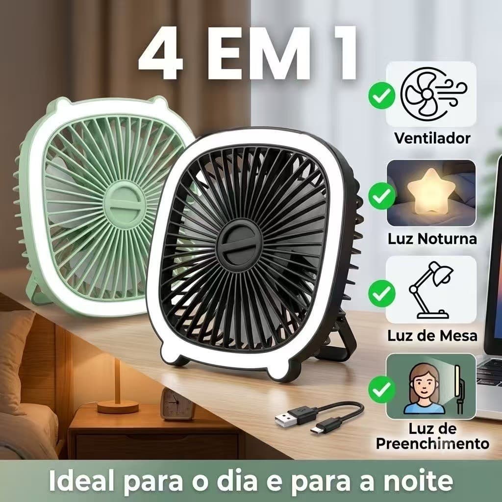Ventilador Portátil USB Recarregável 4 em 1 Mini Ventilador de Mesa LED 3 Velocidades