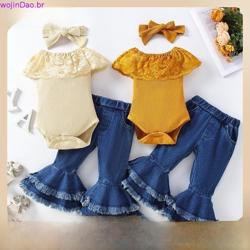 BABYGARDEN-0-24 Meses Fato De Bebê Para Meninas , Capa Longa Com Renda De Pescoço Redondo Romper Tops + Casual Denim Be