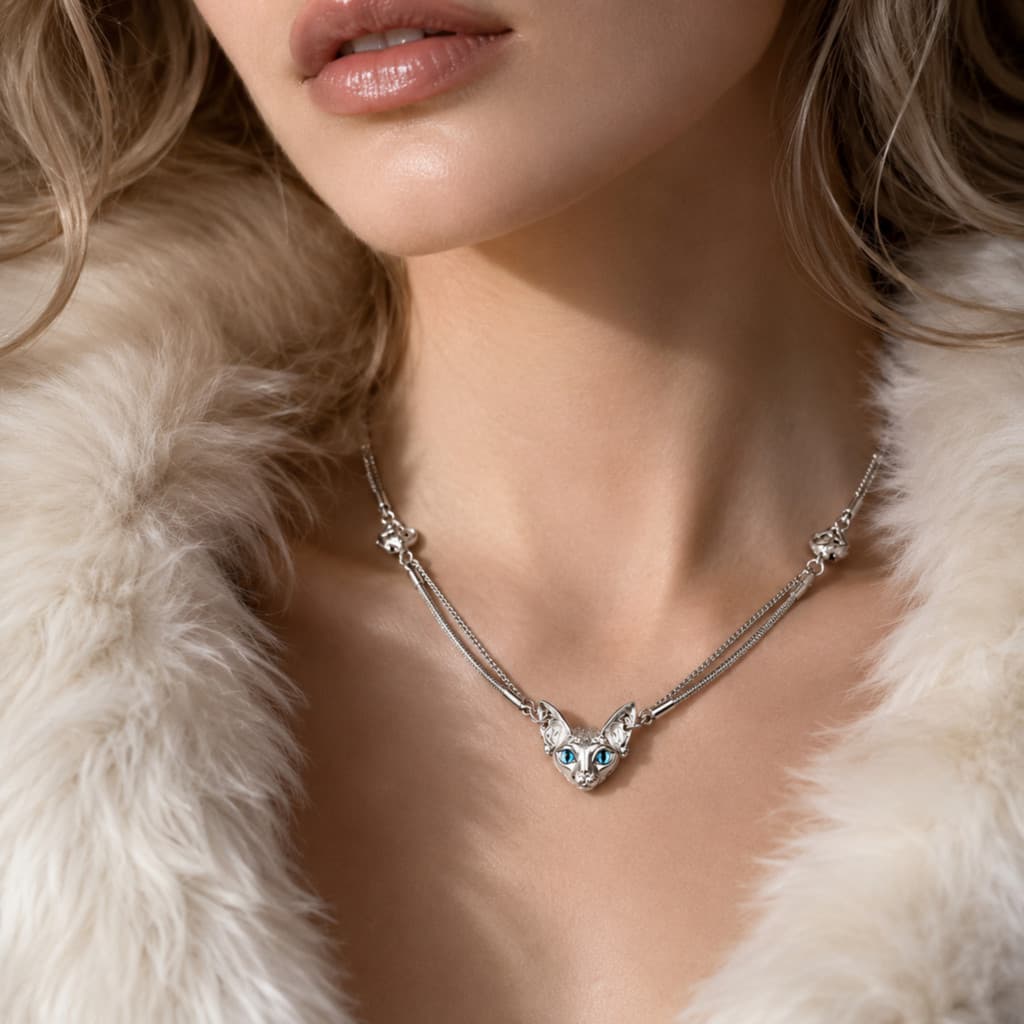 Colar Feminino Duplo com Pingente Gato Minimalista em Metal Estilo Moderno para Look Delicado