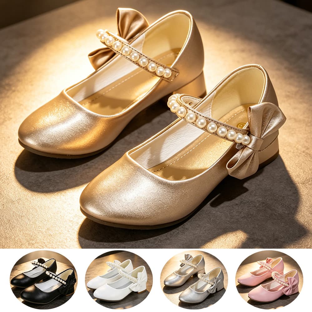 Meninas Pérola Arco Mary Jane Salto Baixo Elegante Primeira Comunhão Vestido Sapatos De Couro Festa Escolar Branco Ouro
