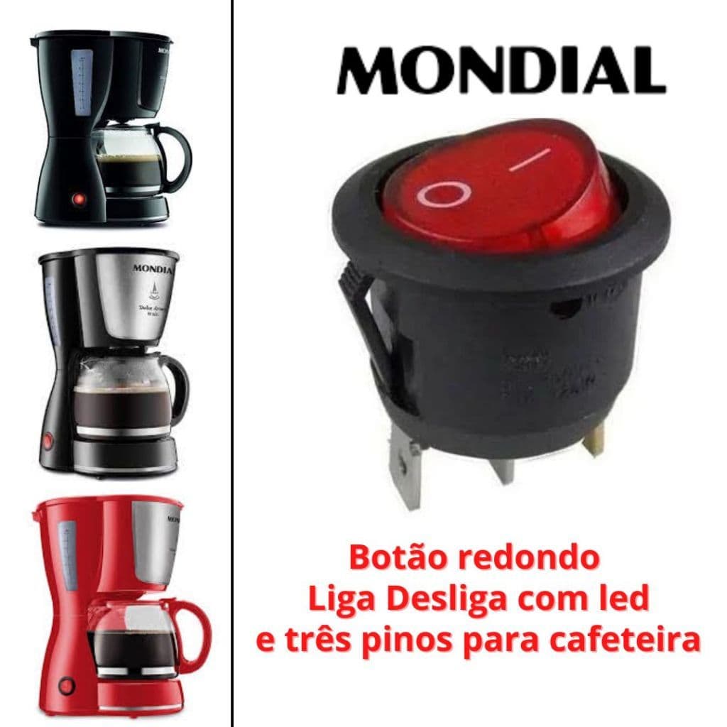 interruptor Botão redondo para Cafeteira Mondial com três pinos e led