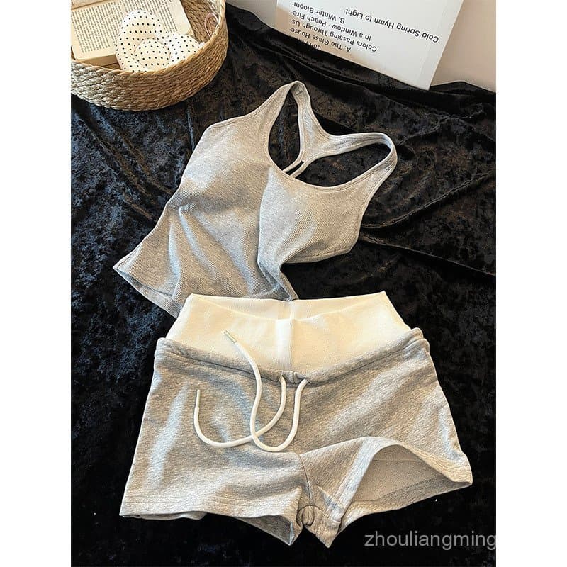 Pijama minimalista estilo coreano com camisola e almofadas no peito para mulheres, shorts justos de verão, conjunto de d