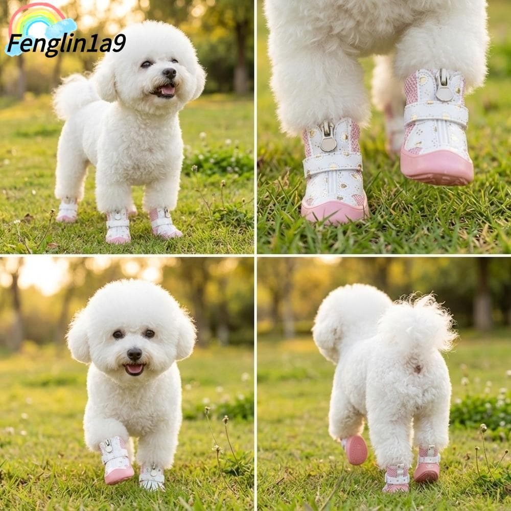 FENGLINA 4 Peças De Botas Respiráveis Para Animais De Estimação , Sola Antiderrapante , Malha Dourada , Sapatos Leves Ca