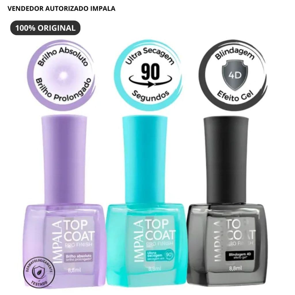 Top Coat Impala Pro Finish Hipoalergênico & Vegano – Ultra Secagem, Brilho Absoluto e Blindagem 4D