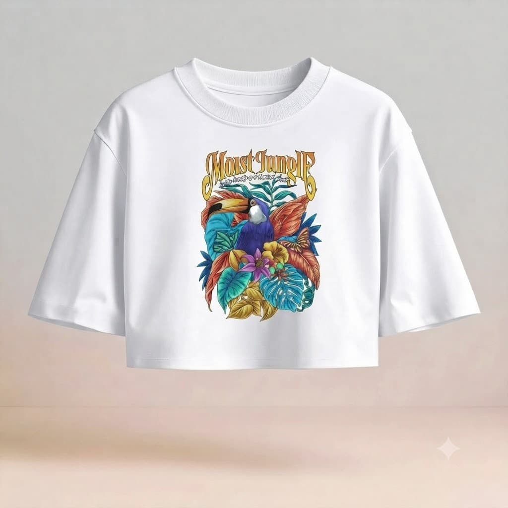 Cropped Feminino Cotton 100% Algodão Tropical Tucano Floral Estampa Exclusiva Manga Curta Casual